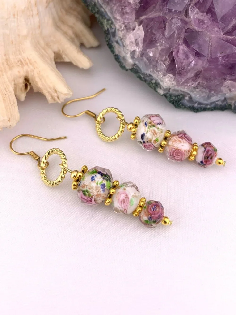 Rose Flower Facet Cut Glass Lampwork Bead Elegant Handcrafted Earrings LR217